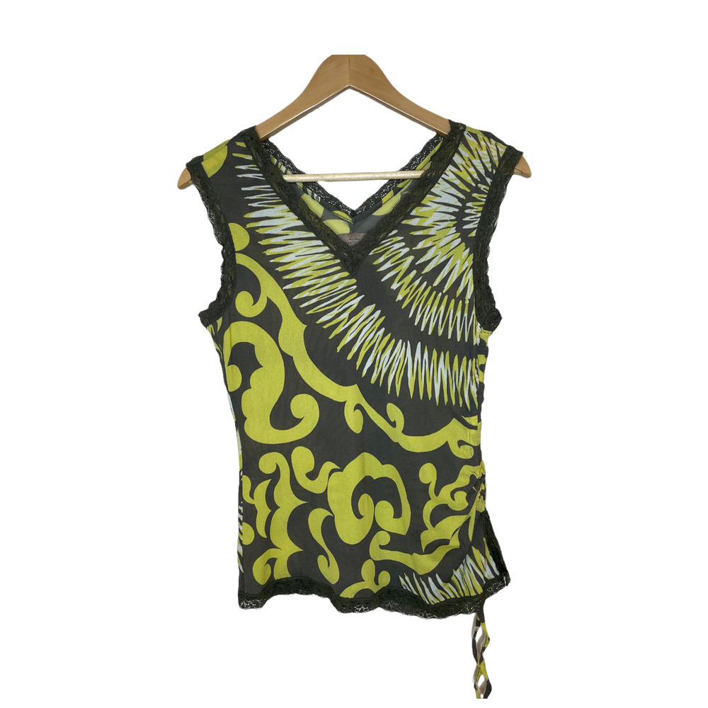 i.e Sleeveless Sheer Blouse with Lace Trim and Rushed Side Size Petite S